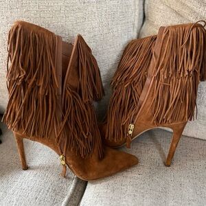 Fringed Suede Ankle Boots - Brown